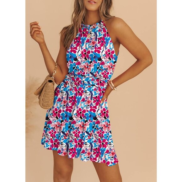 Women Summer Floral Sundress Sleeveless Summer Mini Swing Dresses with Pockets - Picture 2 of 8